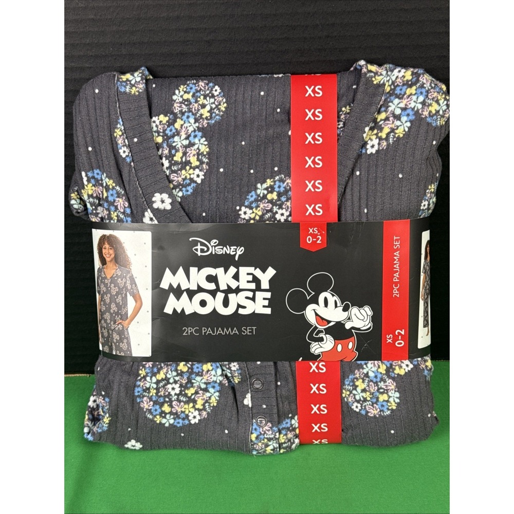 Disney Mickey Mouse Womens 2 Piece Henley & Pant Pajama Set Gray Floral XS NWT
